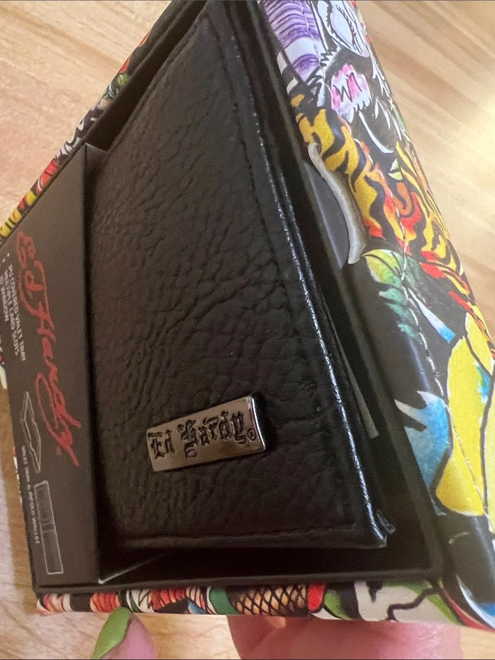 #2656*Ed Hardy Black Textured Leather Bi-Fold Wallet with Metal Logo